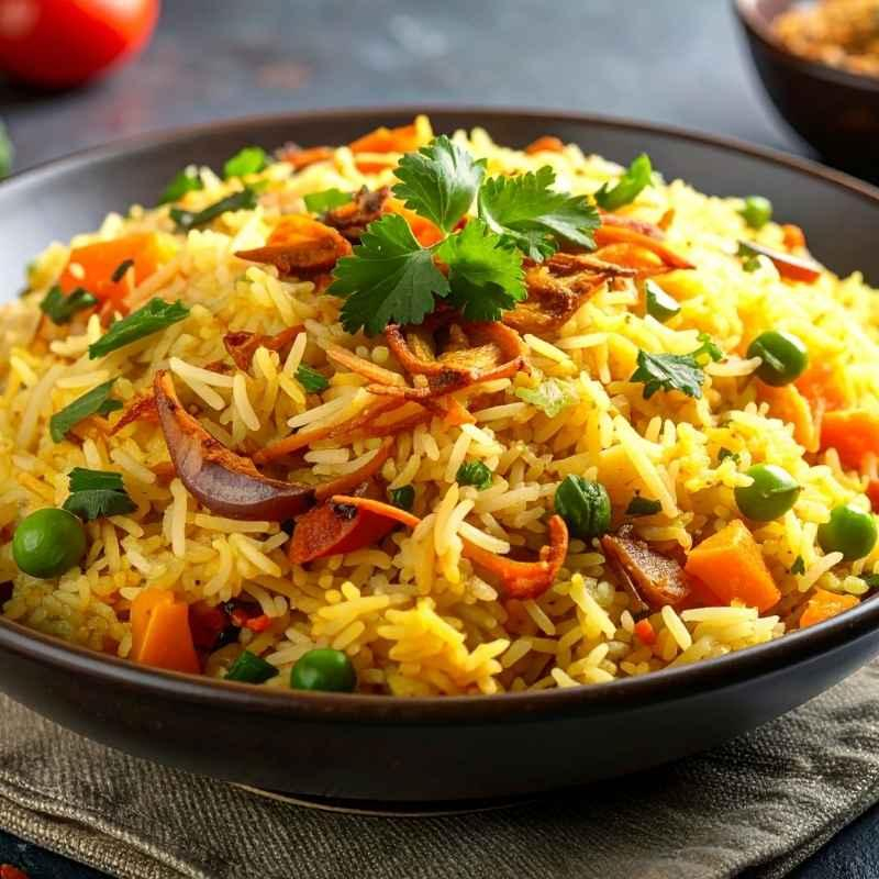 Curry-Reispfanne mit Erbsen und Möhren