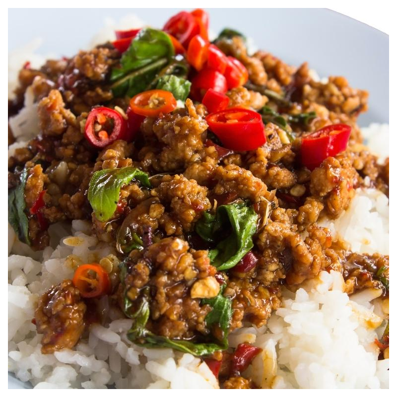 Schnittknoblauch japanisch mit Hackfleisch & Reis